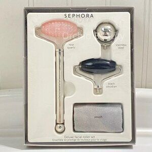 New Sephora Deluxe Facial Roller Set~Rose Quartz, Black Obsidian Stainless Steel